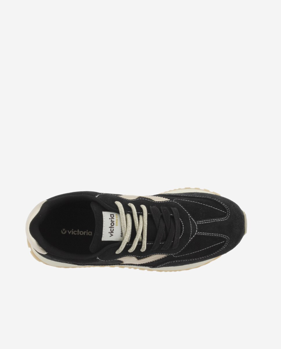 Zapatillas deportivas de mujer de serraje con piezas metalizadas y doble cordón - Victoria - Negro Negro-4