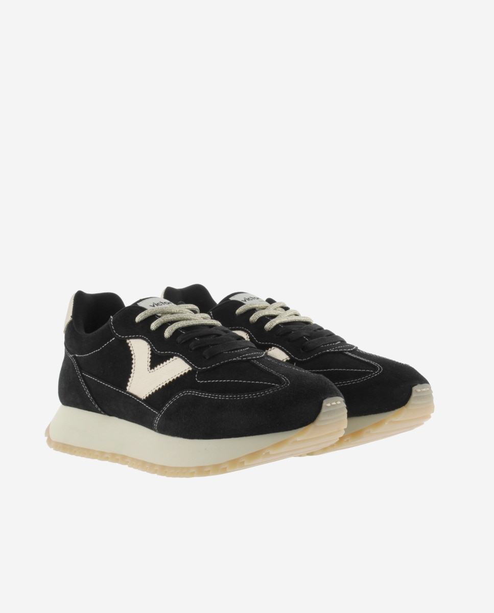 Zapatillas deportivas de mujer de serraje con piezas metalizadas y doble cordón - Victoria - Negro Negro-5