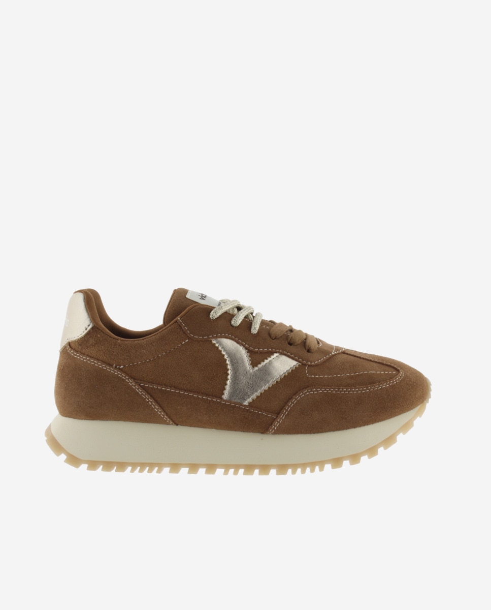 Zapatillas deportivas de mujer de serraje con piezas metalizadas y doble cordón - Victoria - Cuero Cuero-1