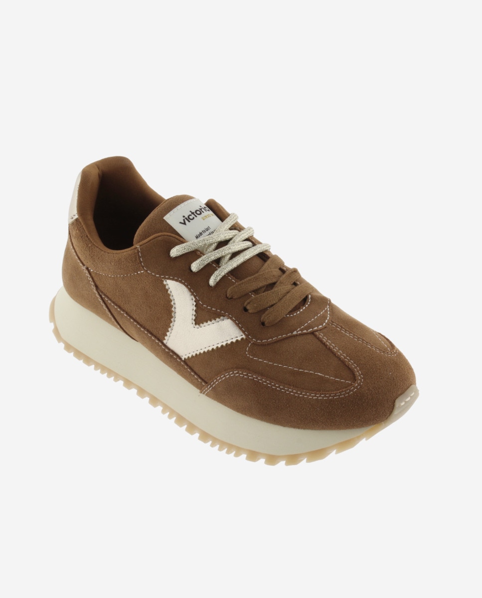 Zapatillas deportivas de mujer de serraje con piezas metalizadas y doble cordón - Victoria - Cuero Cuero-3