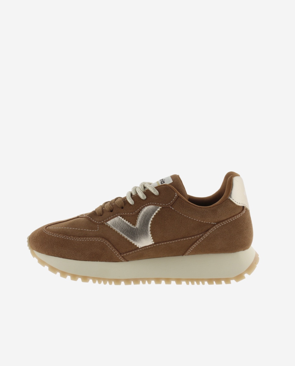 Zapatillas deportivas de mujer de serraje con piezas metalizadas y doble cordón - Victoria - Cuero Cuero-2