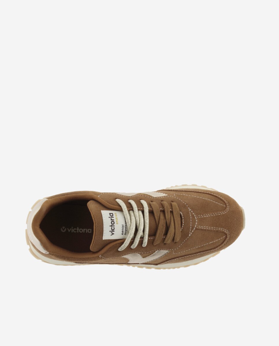 Zapatillas deportivas de mujer de serraje con piezas metalizadas y doble cordón - Victoria - Cuero Cuero-4