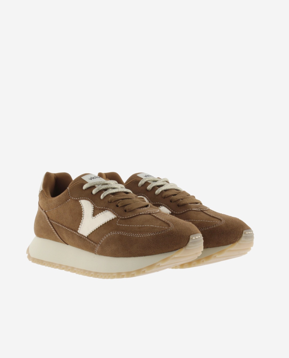 Zapatillas deportivas de mujer de serraje con piezas metalizadas y doble cordón - Victoria - Cuero Cuero-5