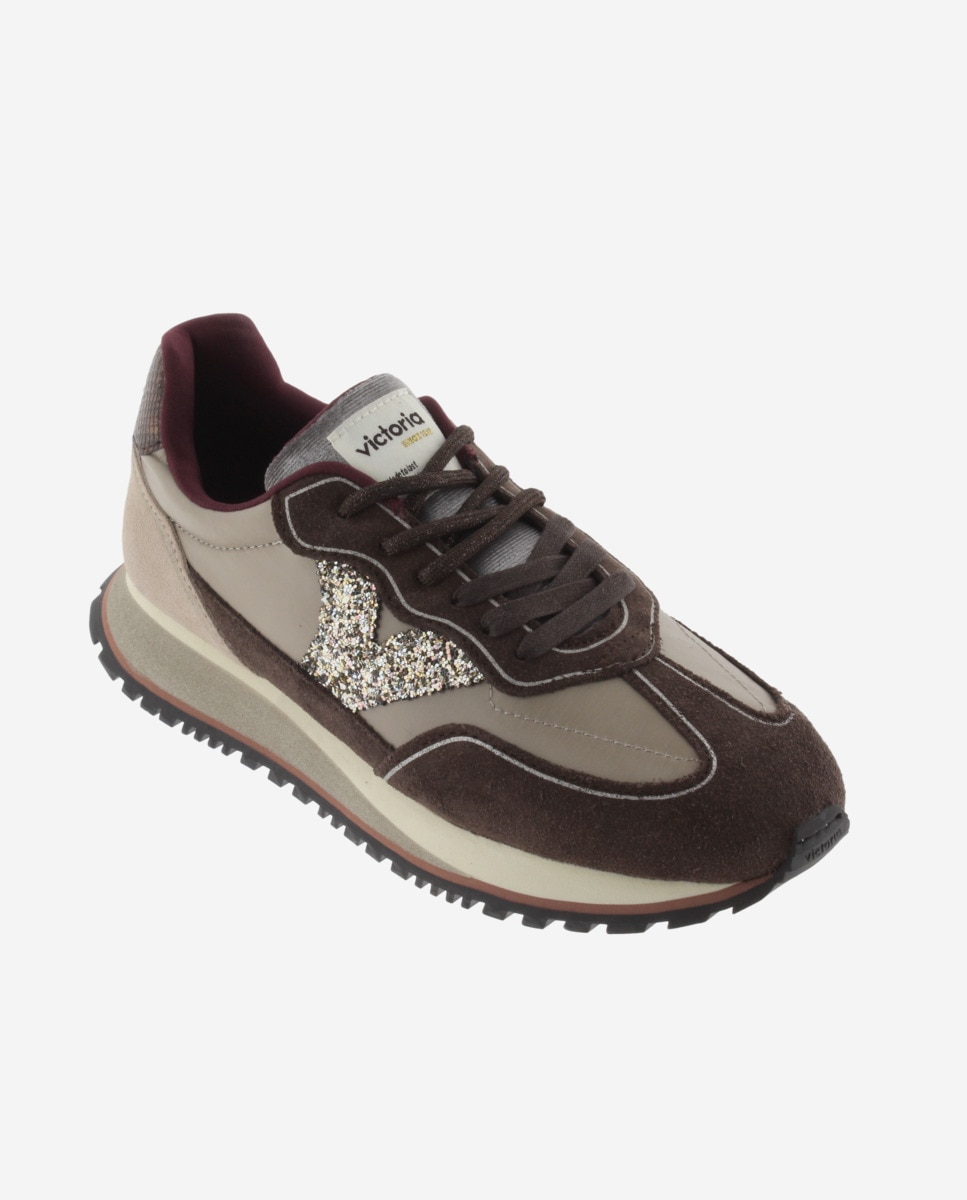 Zapatillas deportivas de mujer de nylon con piezas fantasía y de serraje y suela dentada - Victoria - Oro Oro-3