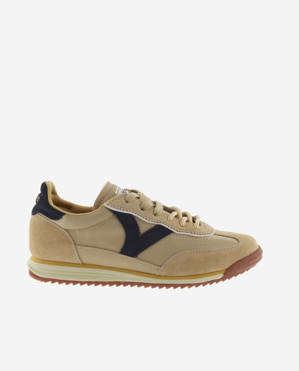 Zapatillas deportivas de mujer de nylon con piezas de serraje y doble cordón - Victoria - Beige Beige-1