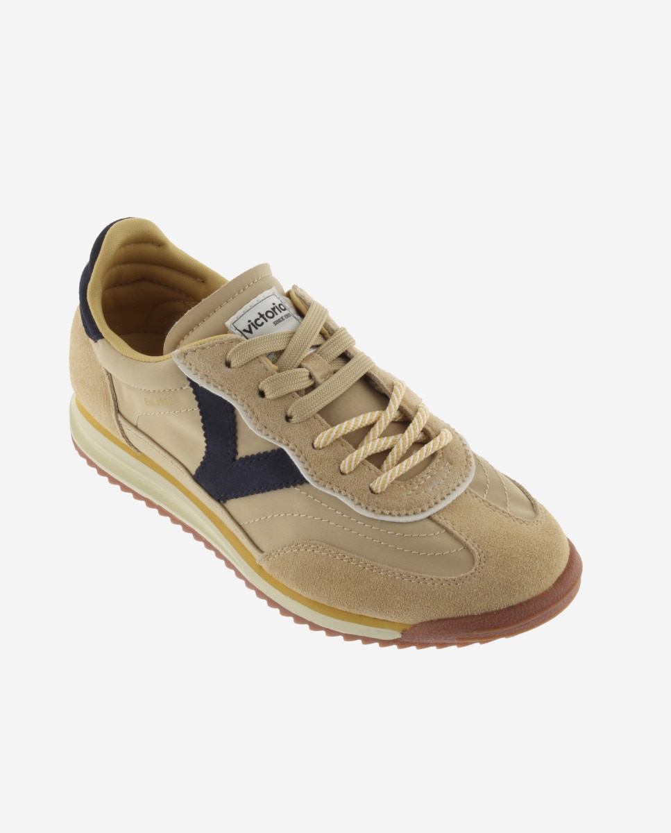 Zapatillas deportivas de mujer de nylon con piezas de serraje y doble cordón - Victoria - Beige Beige-3