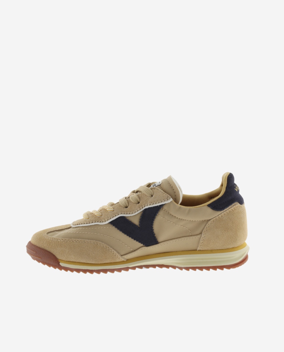 Zapatillas deportivas de mujer de nylon con piezas de serraje y doble cordón - Victoria - Beige Beige-2