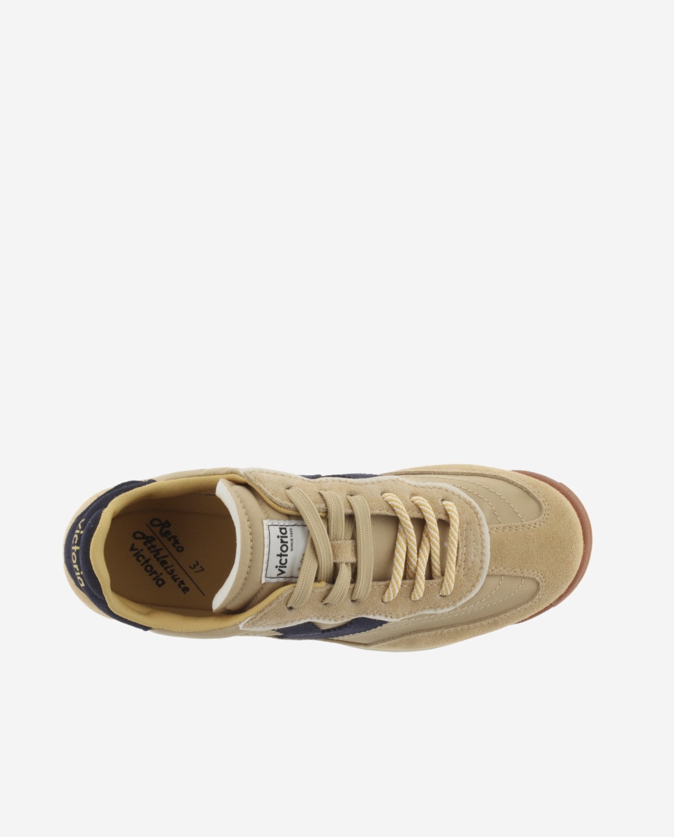 Zapatillas deportivas de mujer de nylon con piezas de serraje y doble cordón - Victoria - Beige Beige-4