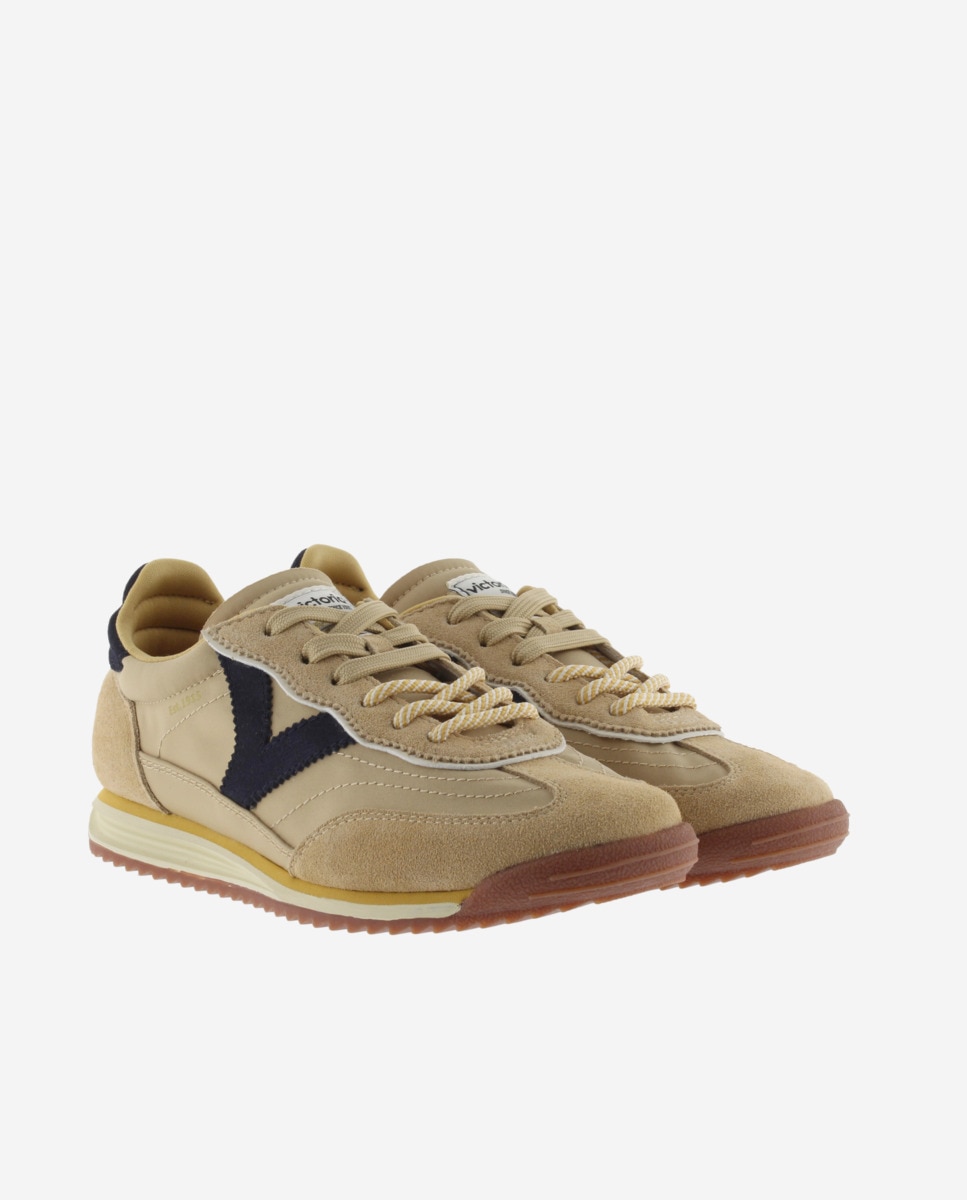 Zapatillas deportivas de mujer de nylon con piezas de serraje y doble cordón - Victoria - Beige Beige-5