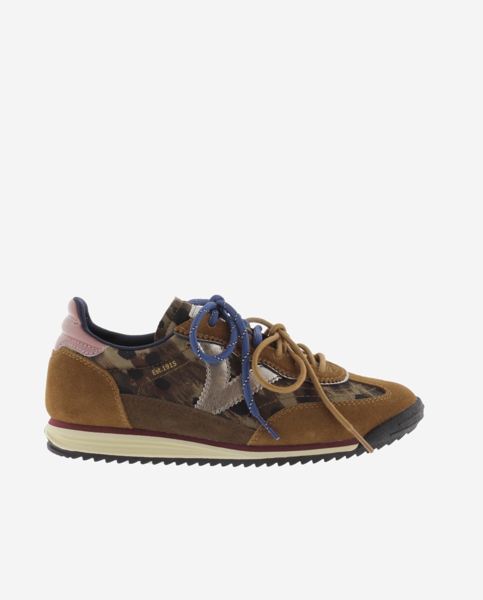 Zapatillas deportivas de mujer de nylon animal print con piezas metalizadas y de serraje y suela en sierra - Victoria - Marrón Marrón-1