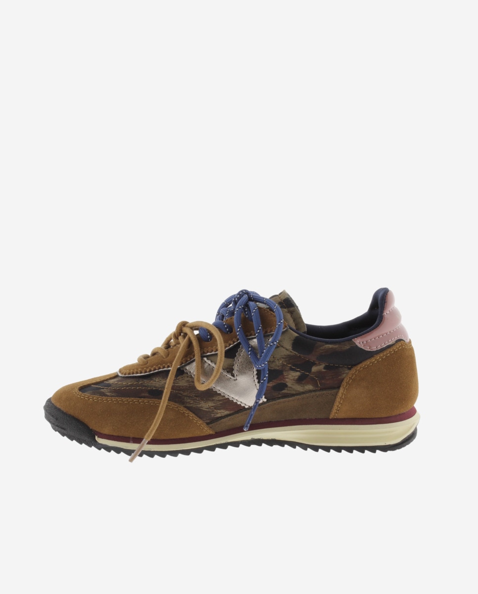 Zapatillas deportivas de mujer de nylon animal print con piezas metalizadas y de serraje y suela en sierra - Victoria - Marrón Marrón-2