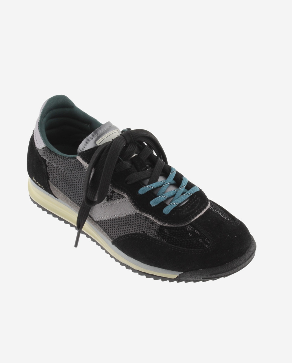 Zapatillas deportivas de mujer de lentejuelas de nylon con piezas metalizadas y de serraje y suela en sierra - Victoria - Negro Negro-3