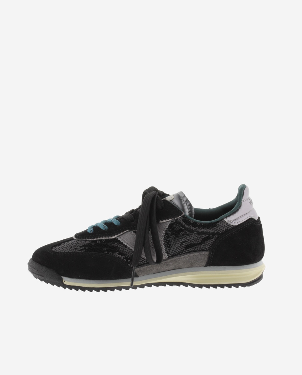 Zapatillas deportivas de mujer de lentejuelas de nylon con piezas metalizadas y de serraje y suela en sierra - Victoria - Negro Negro-2