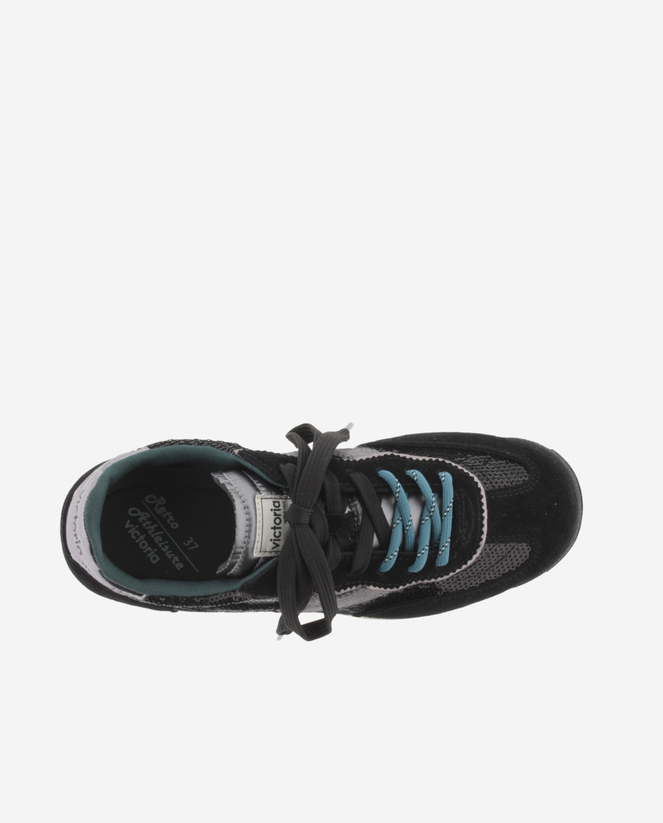 Zapatillas deportivas de mujer de lentejuelas de nylon con piezas metalizadas y de serraje y suela en sierra - Victoria - Negro Negro-4
