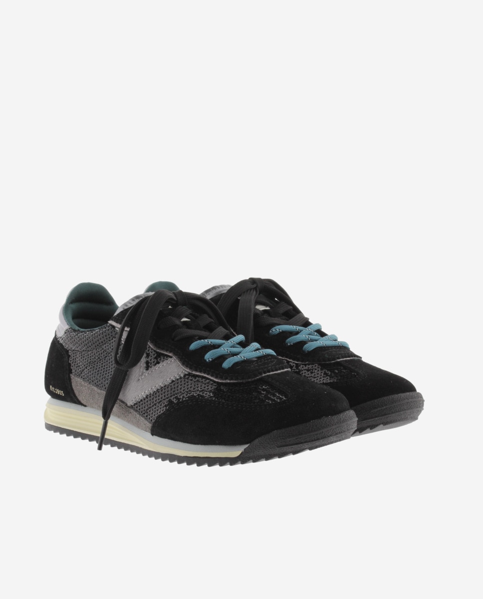 Zapatillas deportivas de mujer de lentejuelas de nylon con piezas metalizadas y de serraje y suela en sierra - Victoria - Negro Negro-5