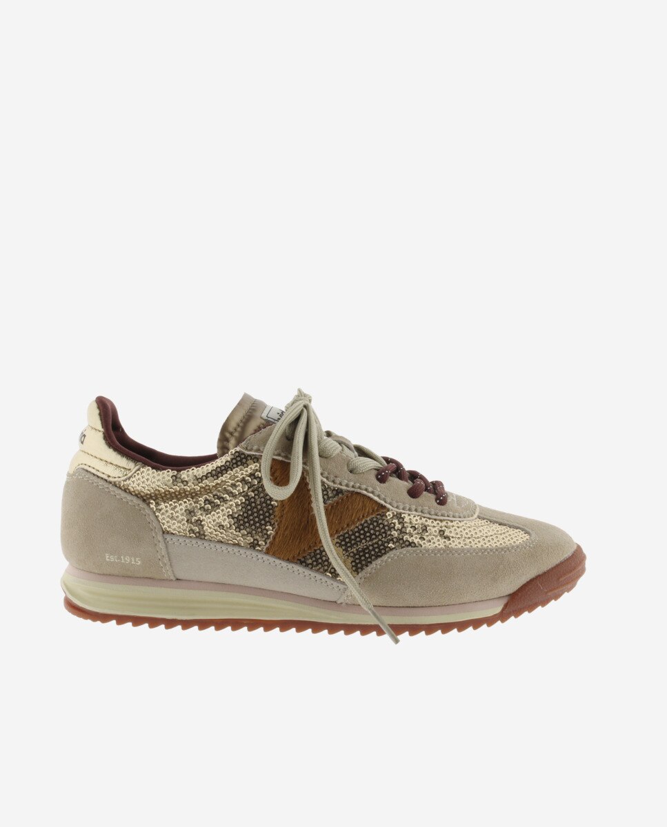 Zapatillas deportivas de mujer de lentejuelas de nylon con piezas metalizadas y de serraje y suela en sierra - Victoria - Beige Beige-1