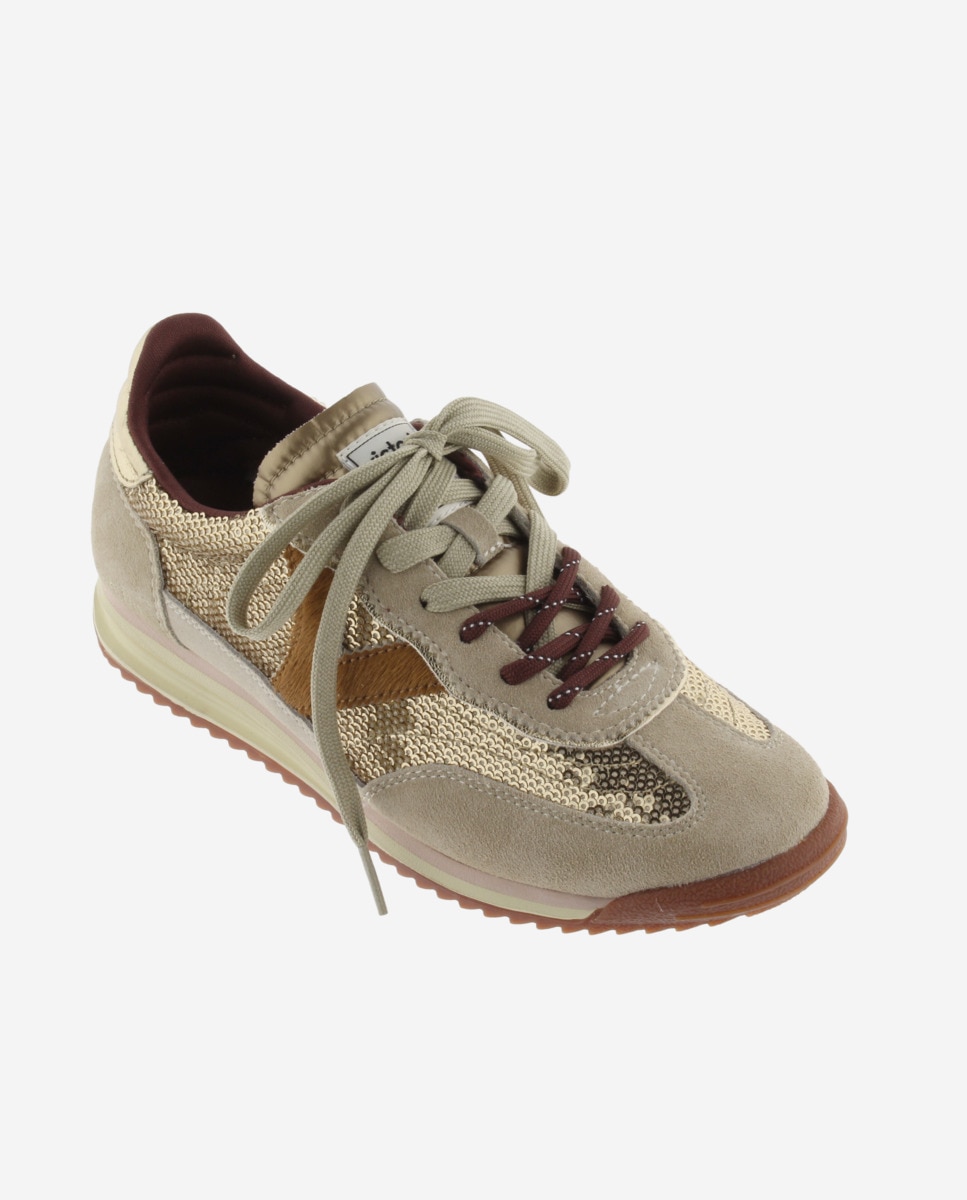 Zapatillas deportivas de mujer de lentejuelas de nylon con piezas metalizadas y de serraje y suela en sierra - Victoria - Beige Beige-3