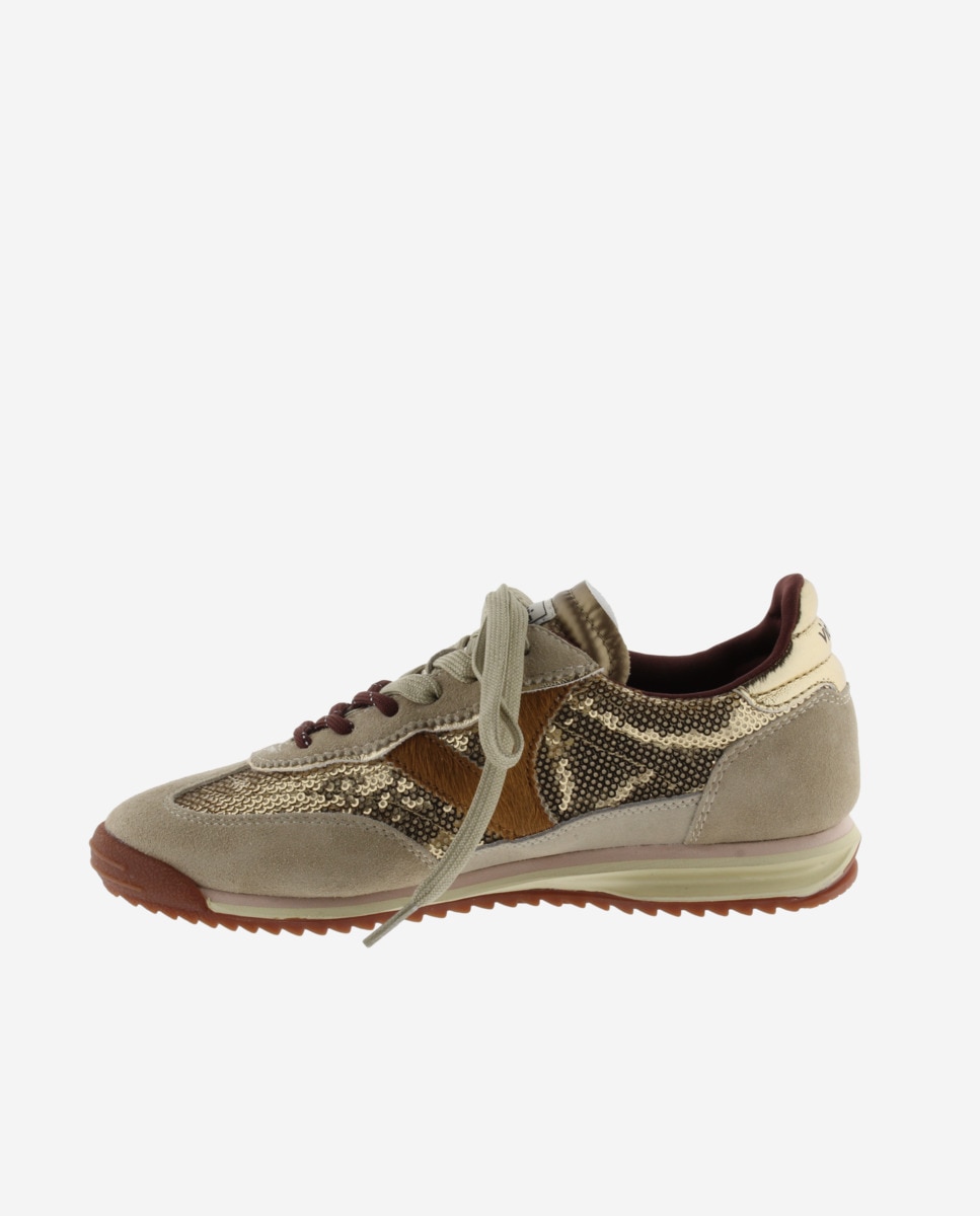 Zapatillas deportivas de mujer de lentejuelas de nylon con piezas metalizadas y de serraje y suela en sierra - Victoria - Beige Beige-2