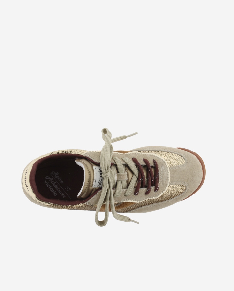 Zapatillas deportivas de mujer de lentejuelas de nylon con piezas metalizadas y de serraje y suela en sierra - Victoria - Beige Beige-4