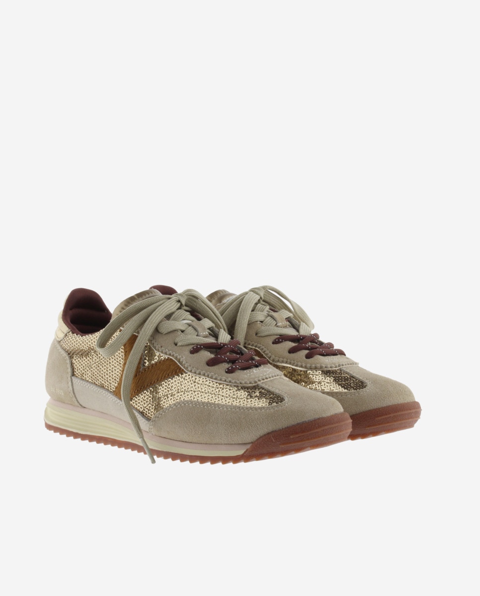 Zapatillas deportivas de mujer de lentejuelas de nylon con piezas metalizadas y de serraje y suela en sierra - Victoria - Beige Beige-5