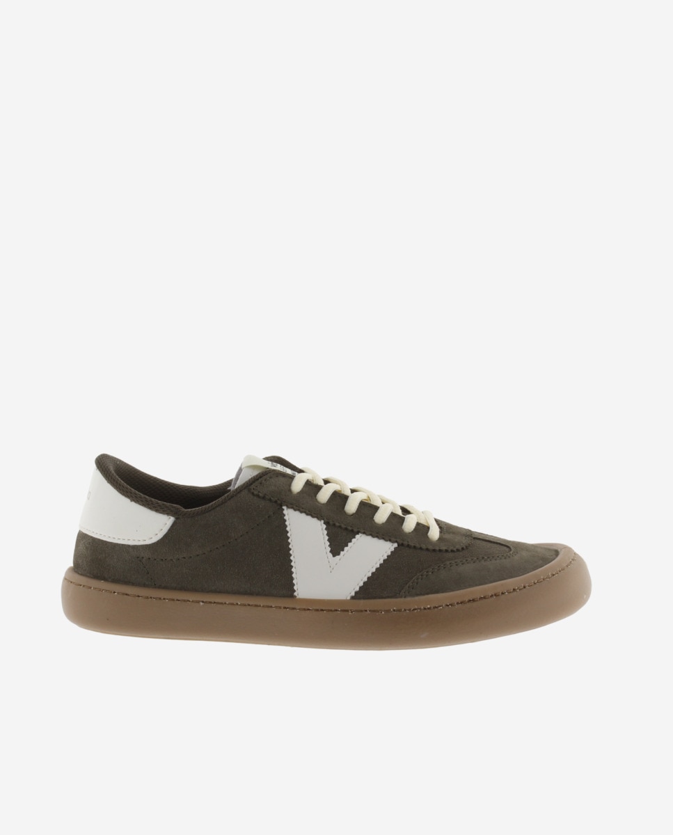 Zapatillas deportivas unisex barefoot de serraje con piezas en contraste y suela caramelo - Victoria - Kaki Kaki-1