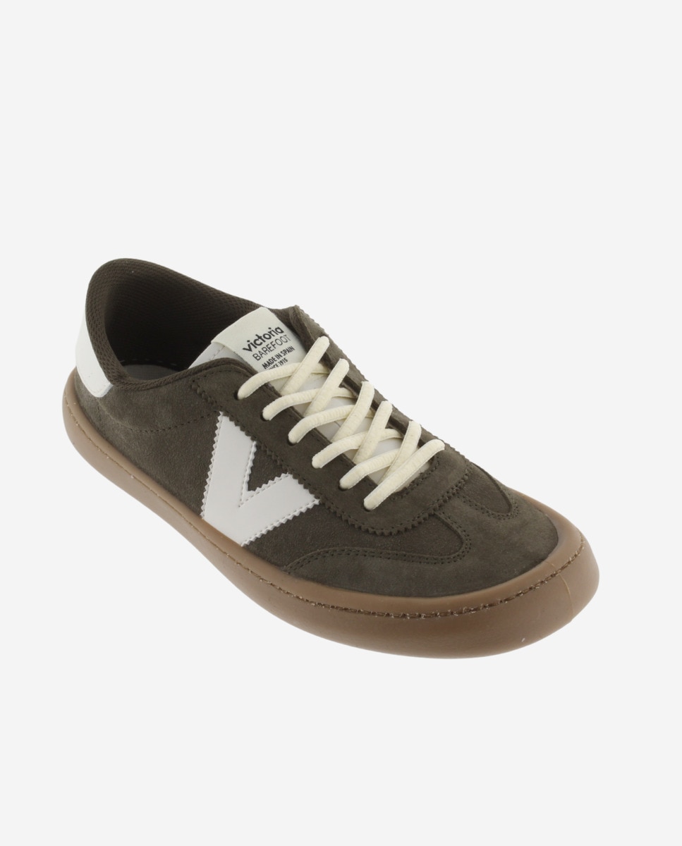 Zapatillas deportivas unisex barefoot de serraje con piezas en contraste y suela caramelo - Victoria - Kaki Kaki-3