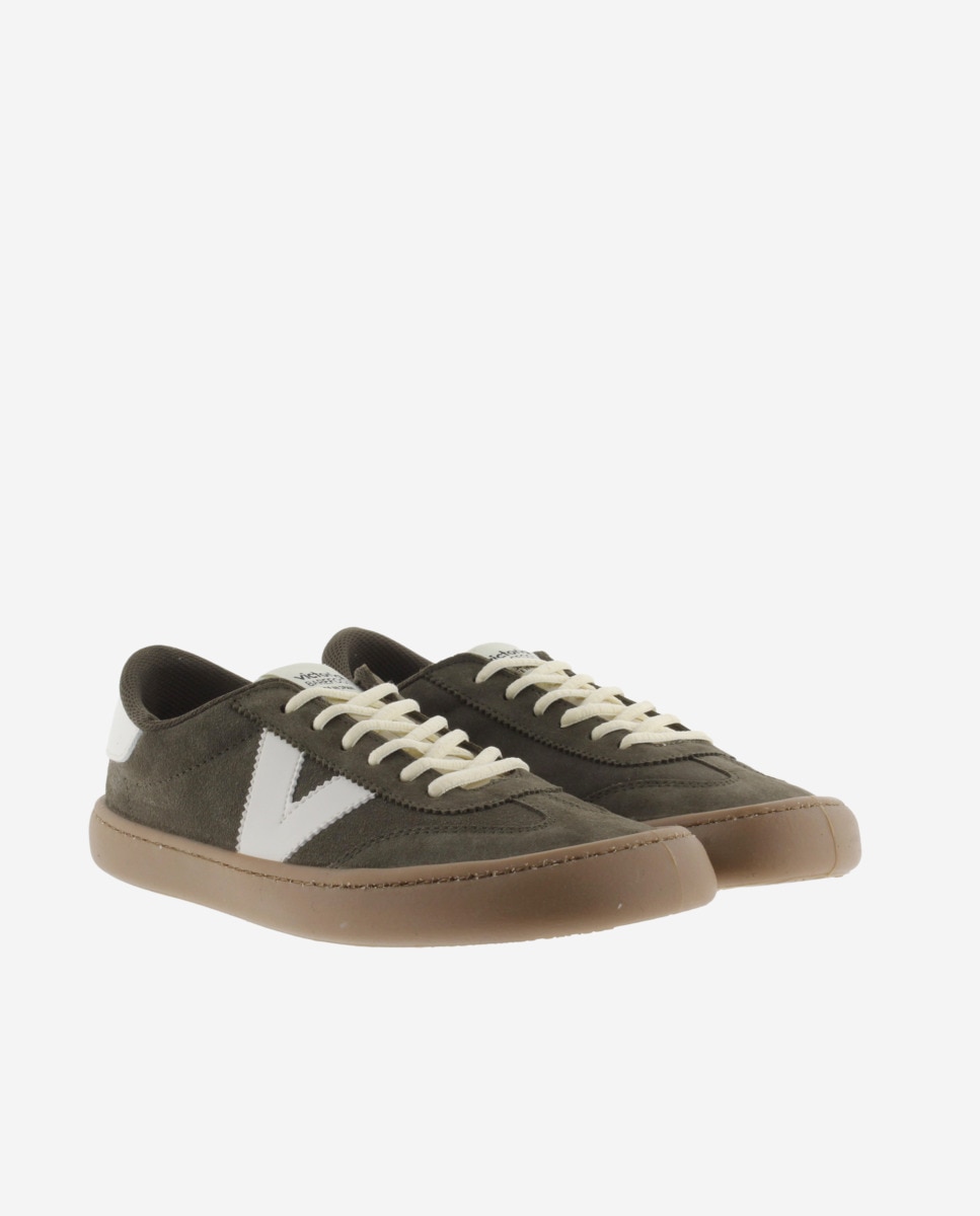 Zapatillas deportivas unisex barefoot de serraje con piezas en contraste y suela caramelo - Victoria - Kaki Kaki-5