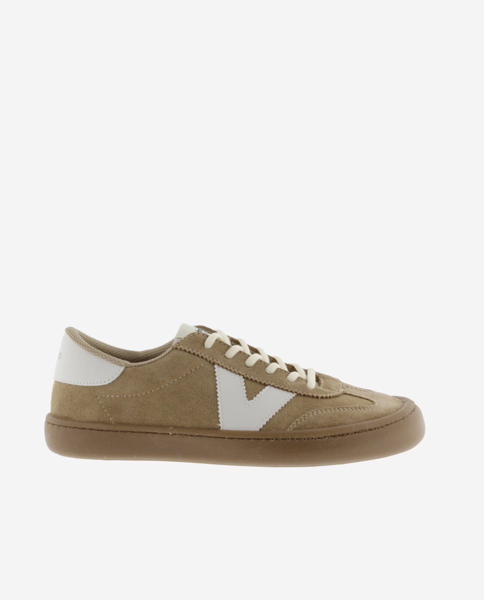 Zapatillas deportivas unisex barefoot de serraje con piezas en contraste y suela caramelo - Victoria - Beige Beige-1