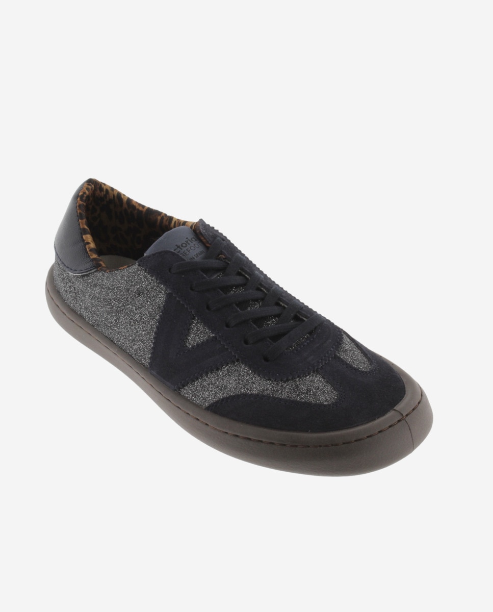 Zapatillas deportivas de mujer barefoot de glitter con piezas de serraje al tono y suela caramelo - Victoria - Antracita Antracita-3