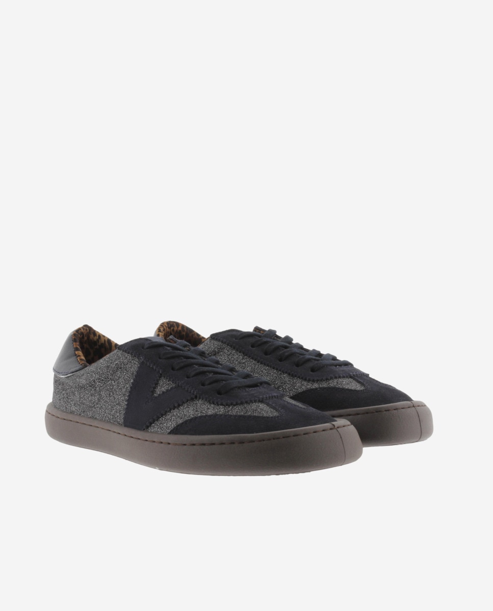 Zapatillas deportivas de mujer barefoot de glitter con piezas de serraje al tono y suela caramelo - Victoria - Antracita Antracita-5