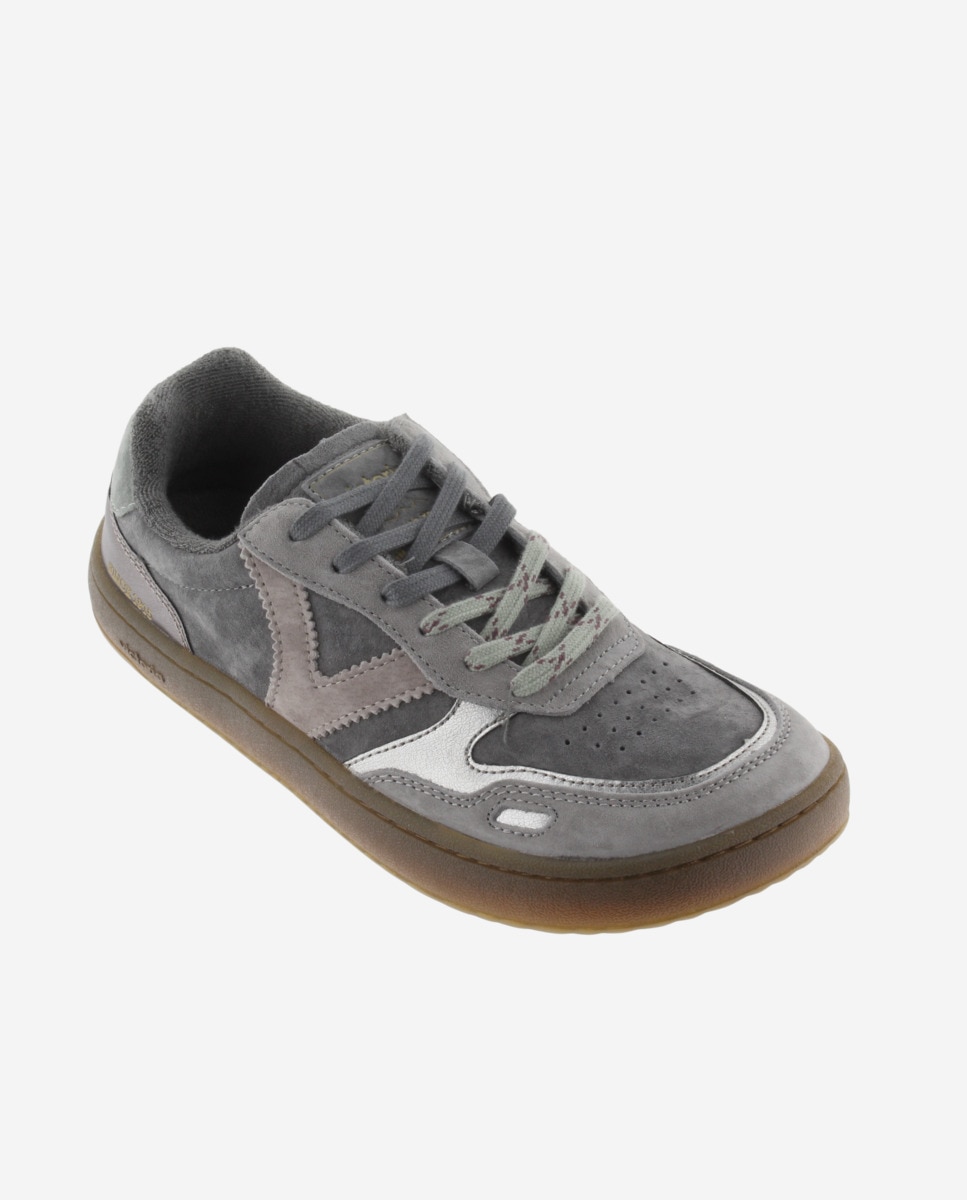 Zapatillas deportivas de mujer barefoot de serraje con piezas metalizadas y suela marrón chocolate - Victoria - Gris oscuro Gris oscuro-3