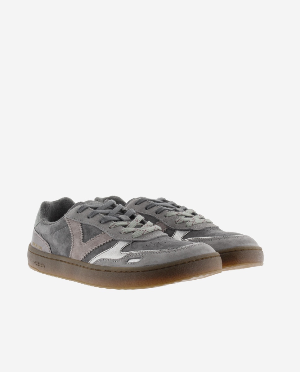 Zapatillas deportivas de mujer barefoot de serraje con piezas metalizadas y suela marrón chocolate - Victoria - Gris oscuro Gris oscuro-5