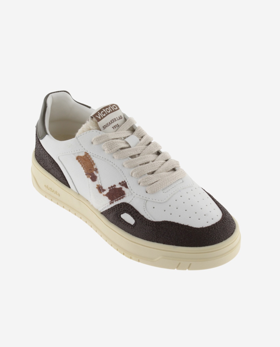 Zapatillas deportivas de mujer con piezas en serraje craquelado y logotipo en animal print - Victoria - Marrón Marrón-3
