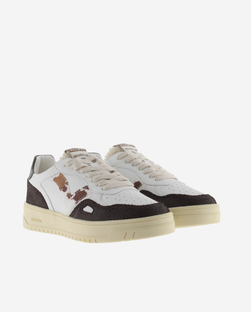 Zapatillas deportivas de mujer con piezas en serraje craquelado y logotipo en animal print - Victoria - Marrón Marrón-5