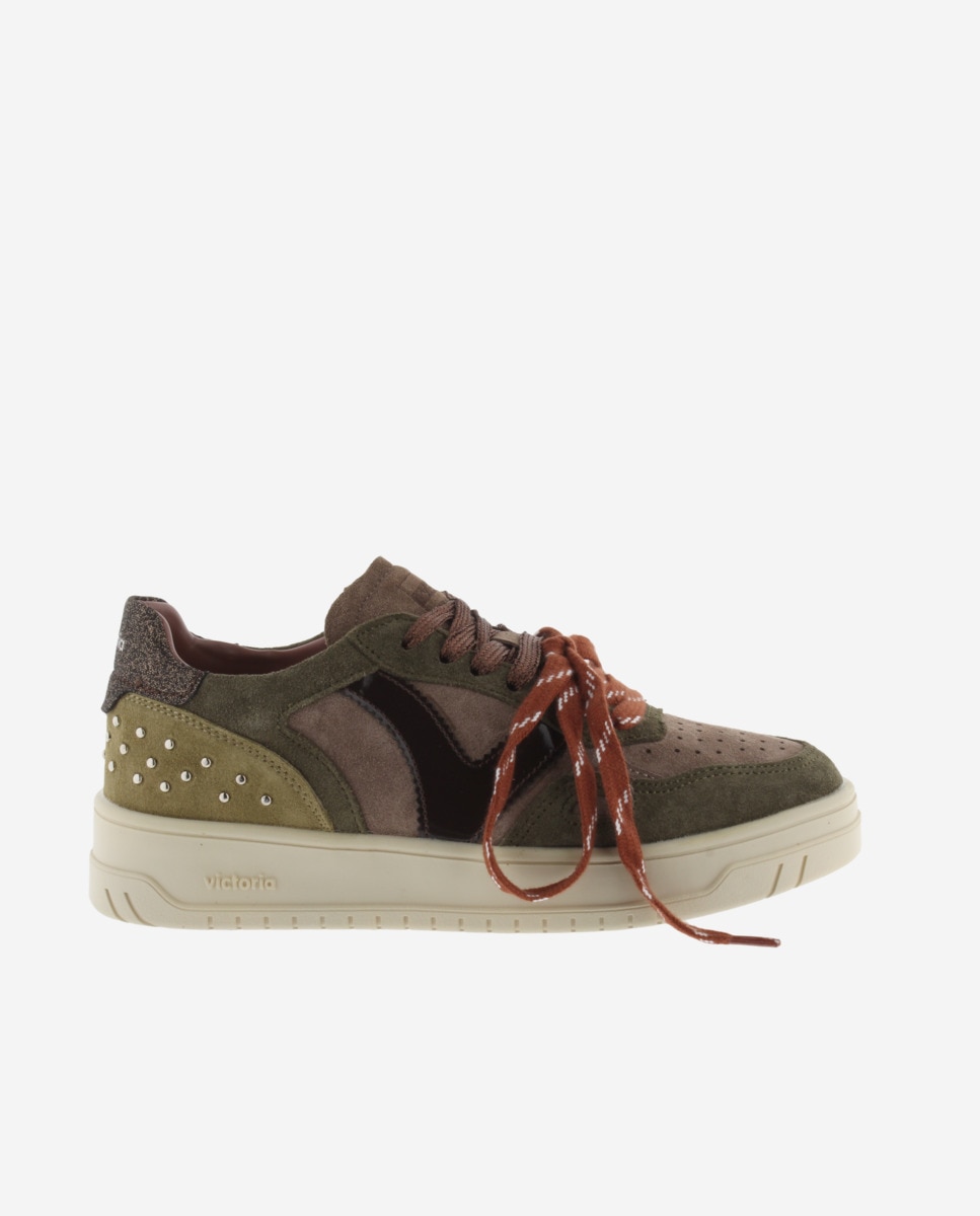 Zapatillas deportivas de mujer de serraje con tachas y doble cordón - Victoria - Kaki Kaki-1