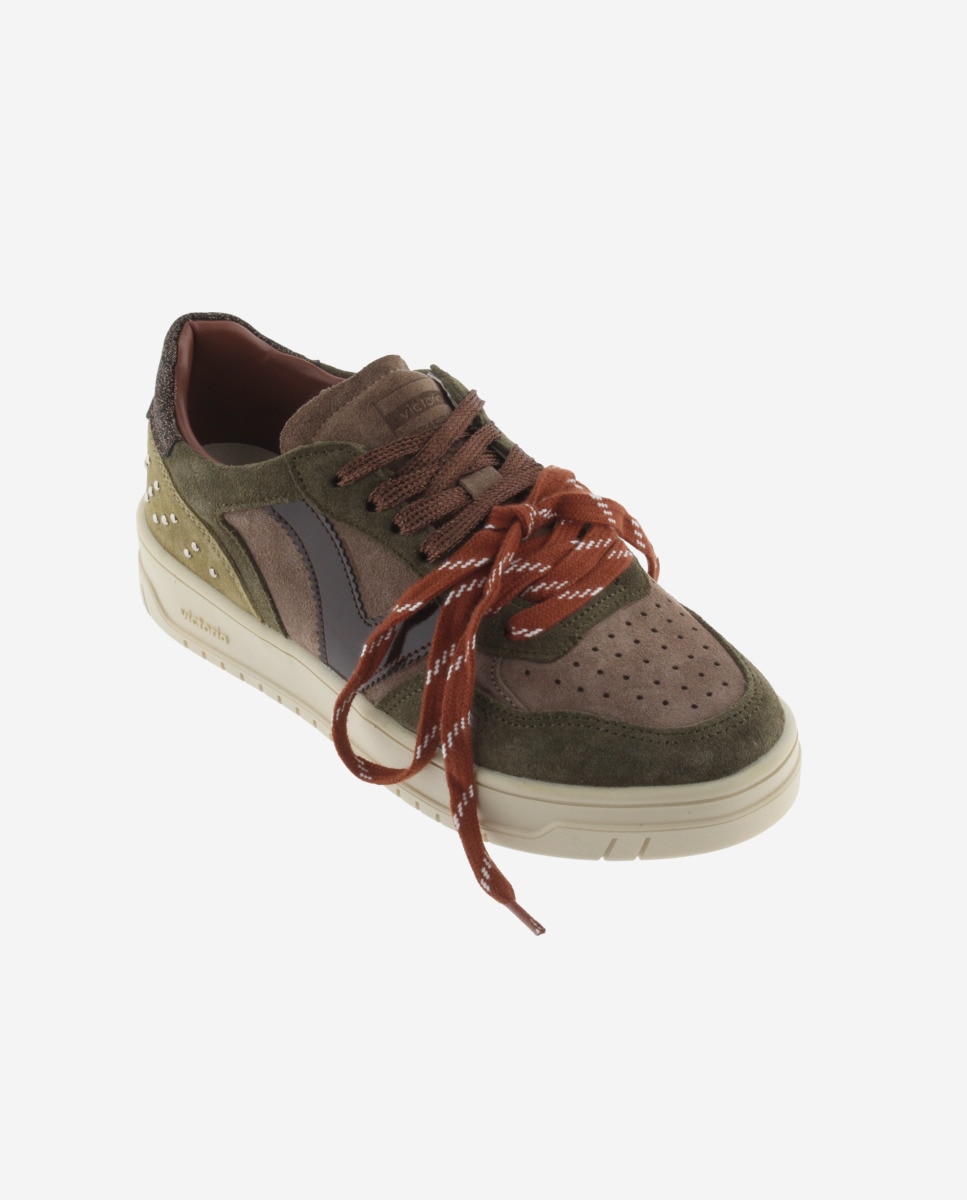 Zapatillas deportivas de mujer de serraje con tachas y doble cordón - Victoria - Kaki Kaki-3