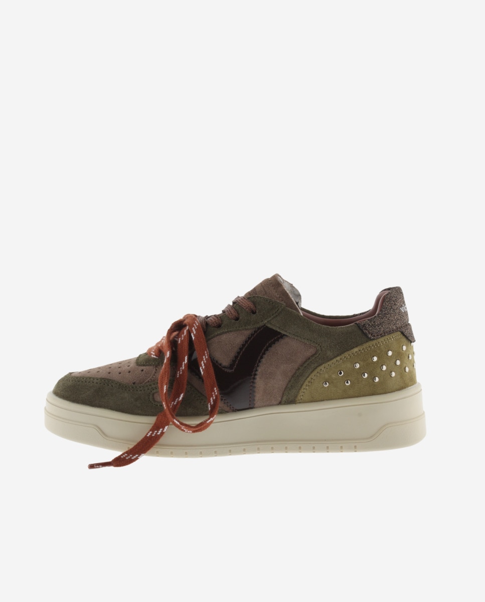 Zapatillas deportivas de mujer de serraje con tachas y doble cordón - Victoria - Kaki Kaki-2