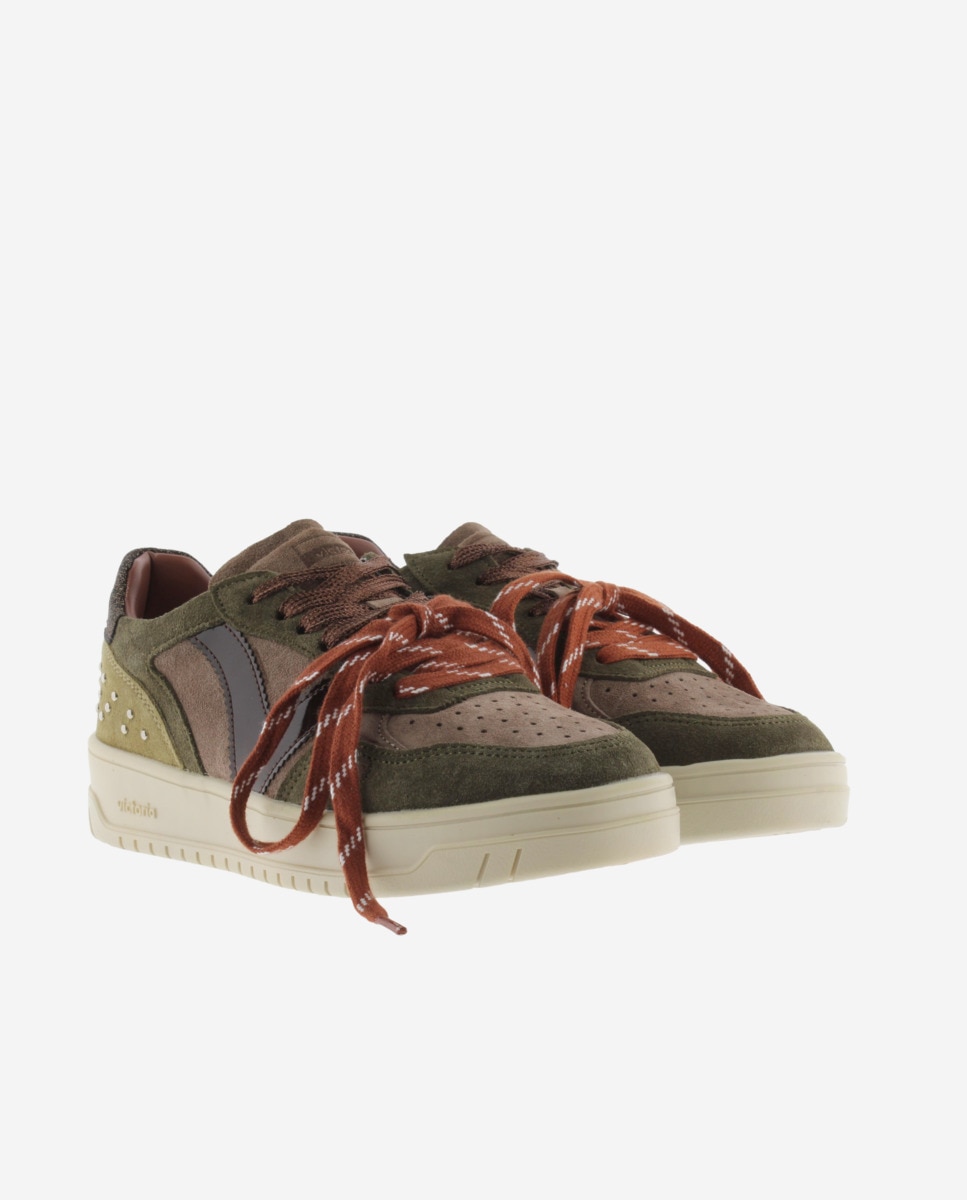 Zapatillas deportivas de mujer de serraje con tachas y doble cordón - Victoria - Kaki Kaki-5