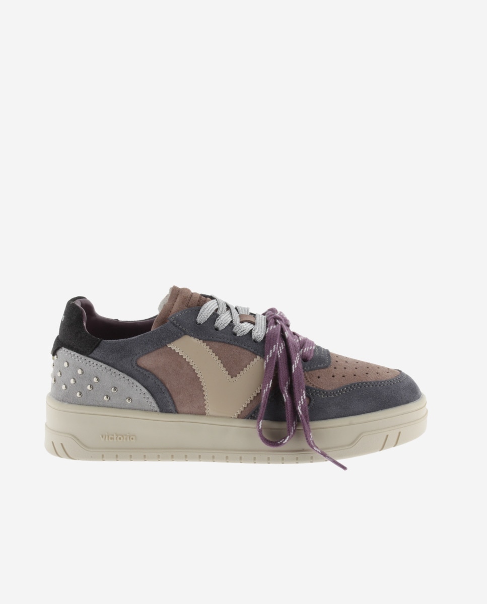 Zapatillas deportivas de mujer de serraje con tachas y doble cordón - Victoria - Malva Malva-1