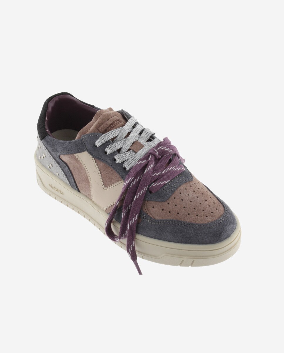 Zapatillas deportivas de mujer de serraje con tachas y doble cordón - Victoria - Malva Malva-3