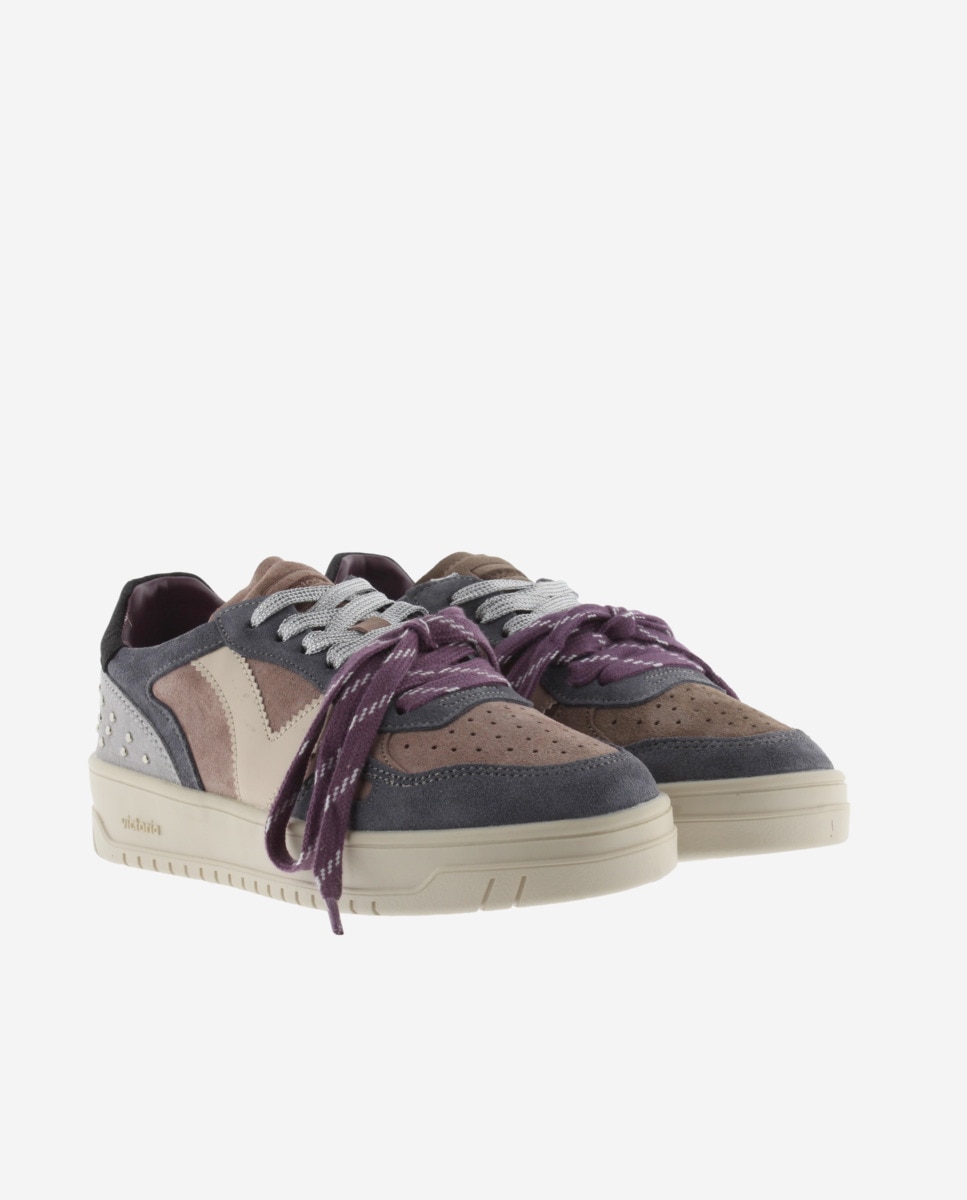 Zapatillas deportivas de mujer de serraje con tachas y doble cordón - Victoria - Malva Malva-5