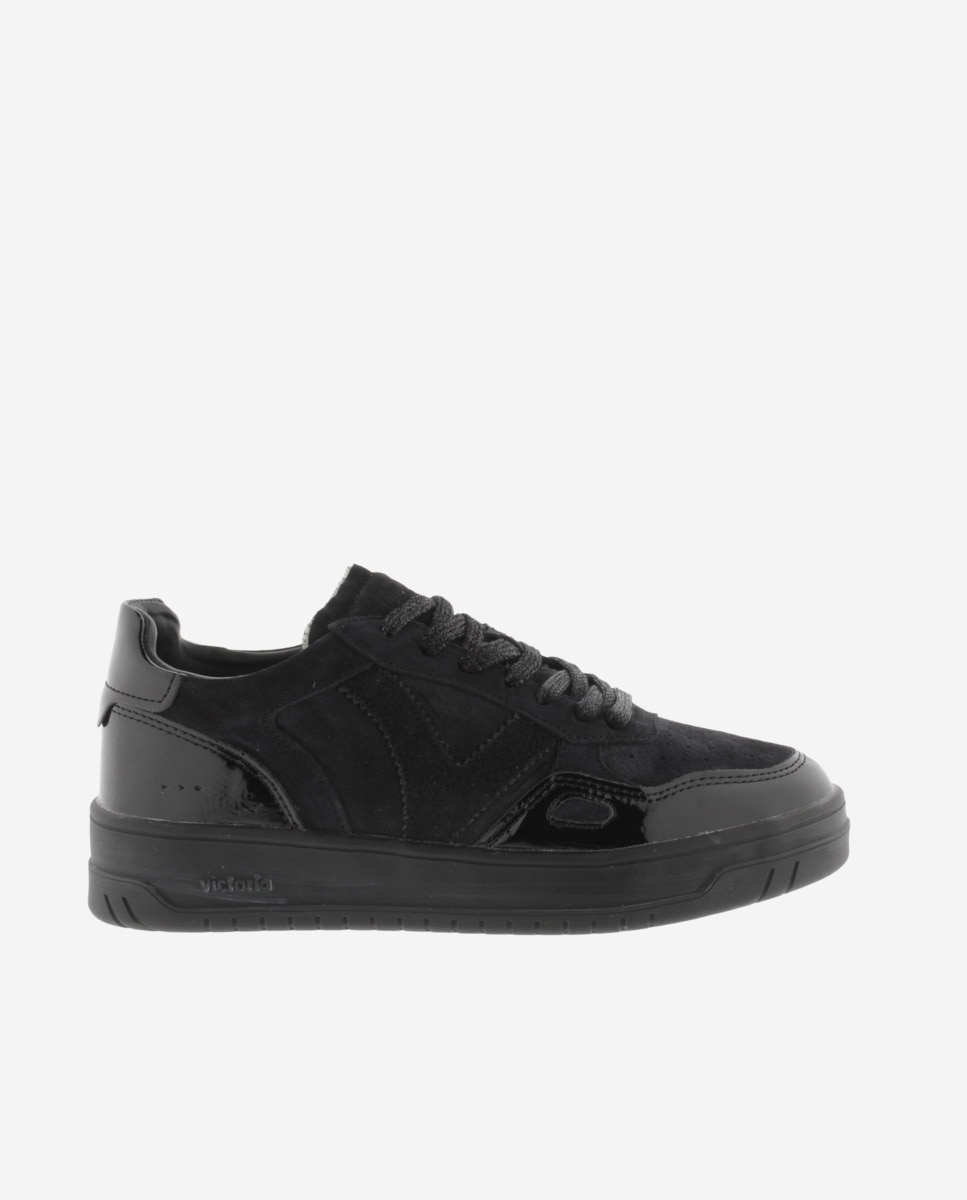 Zapatillas deportivas de mujer de serraje con piezas de charol al tono - Victoria - Negro Negro-1