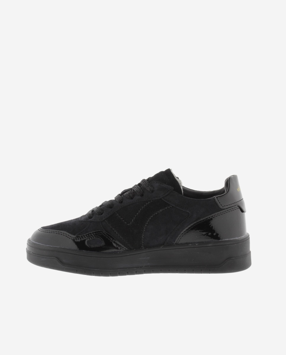 Zapatillas deportivas de mujer de serraje con piezas de charol al tono - Victoria - Negro Negro-2