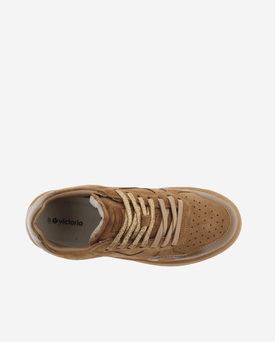 Zapatillas deportivas de mujer de serraje con piezas de charol al tono - Victoria - Camel Camel-4