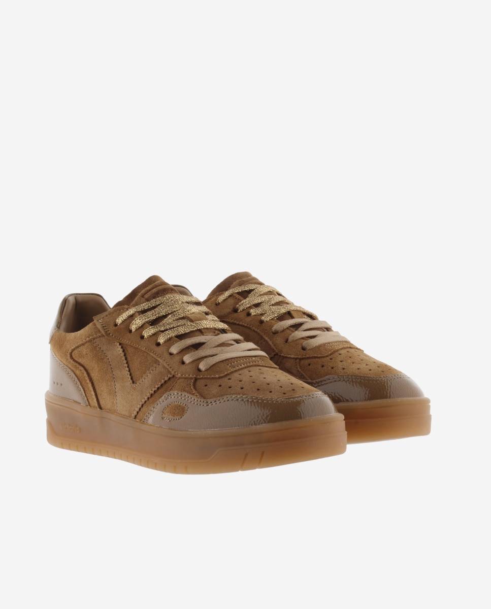 Zapatillas deportivas de mujer de serraje con piezas de charol al tono - Victoria - Camel Camel-5