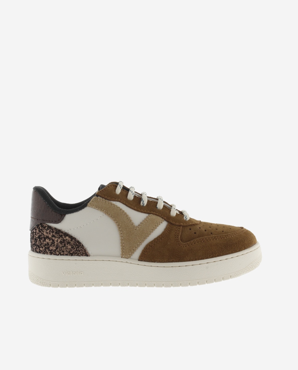 Zapatillas deportivas de mujer con piezas de serraje y pieza trasera de glitter - Victoria - Cuero Cuero-1