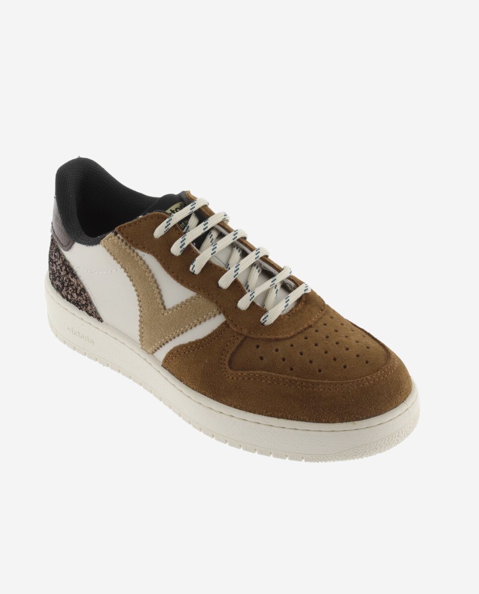 Zapatillas deportivas de mujer con piezas de serraje y pieza trasera de glitter - Victoria - Cuero Cuero-3