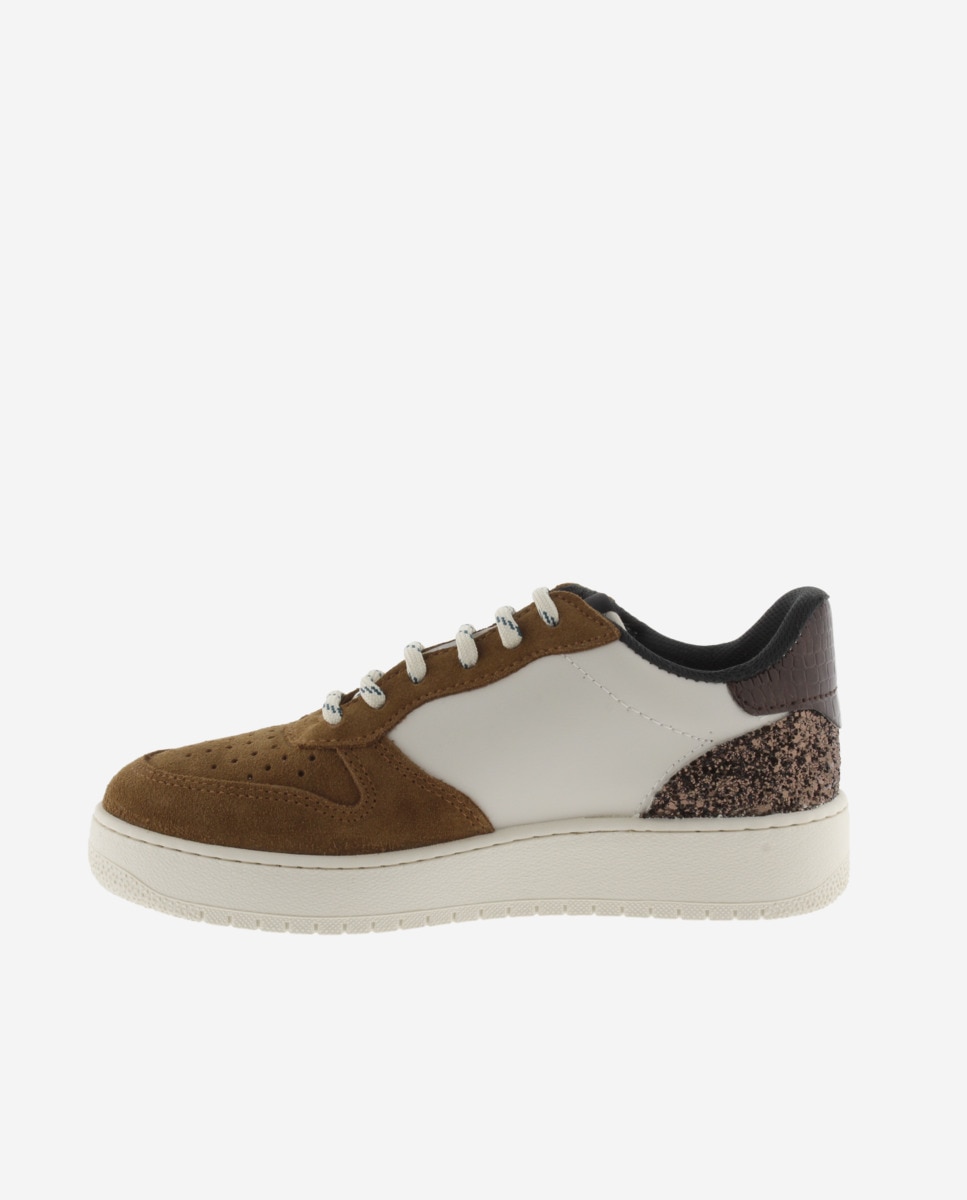 Zapatillas deportivas de mujer con piezas de serraje y pieza trasera de glitter - Victoria - Cuero Cuero-2