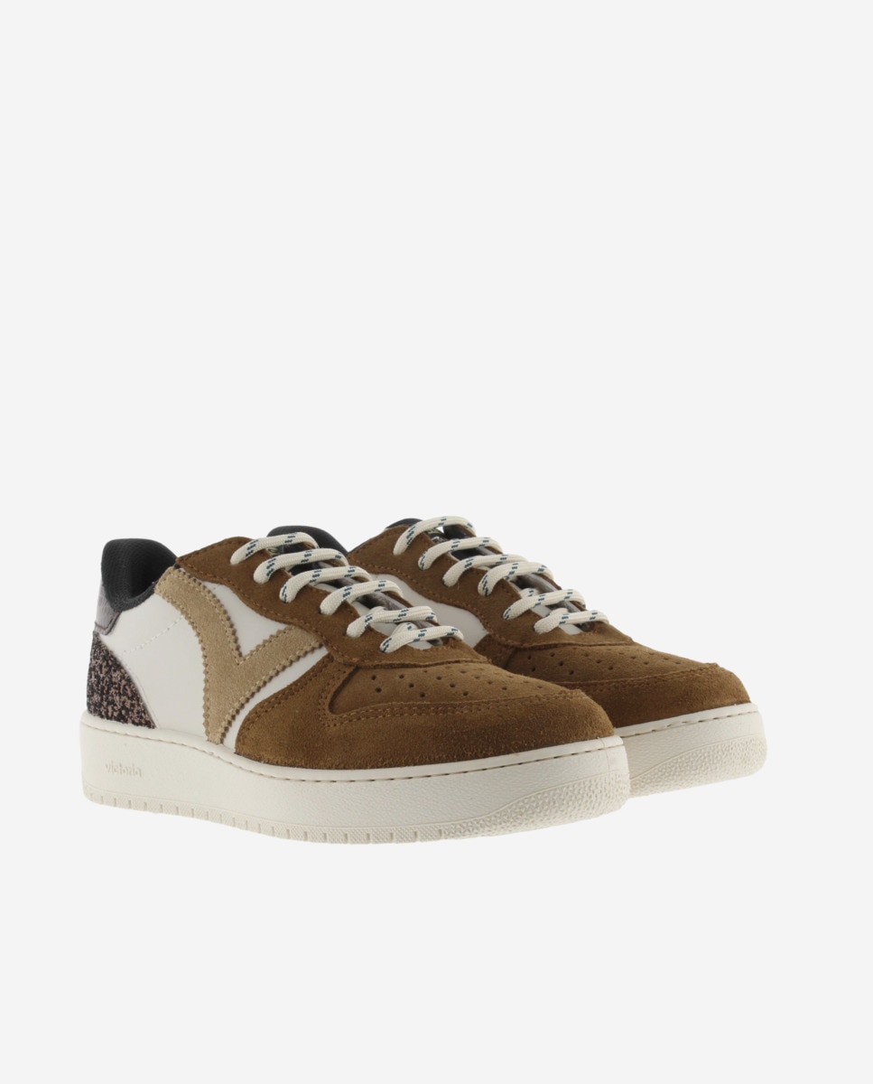 Zapatillas deportivas de mujer con piezas de serraje y pieza trasera de glitter - Victoria - Cuero Cuero-5