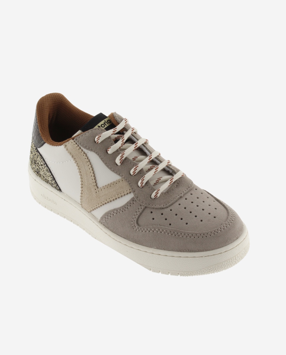 Zapatillas deportivas de mujer con piezas de serraje y pieza trasera de glitter - Victoria - Visón Visón-3